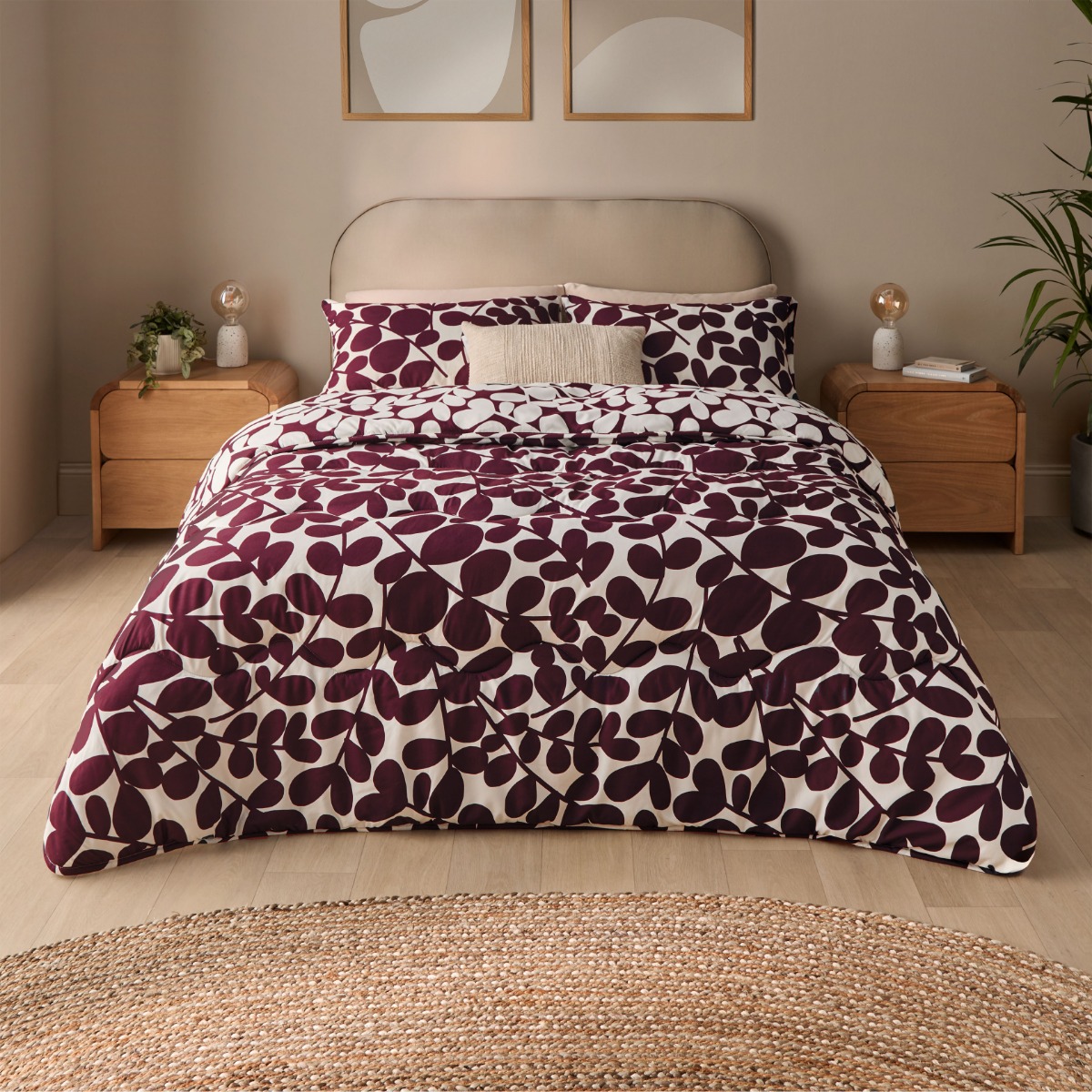 Image of Silentnight Leaf Print Coverless Duvet And Pillowcase Set - Berry - Double