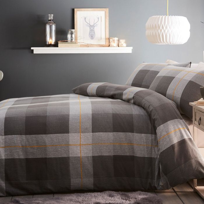 Grey Double Silentnight Classic Check Brushed Cotton Duvet Cover and Pillowcase Pair Bedding Set