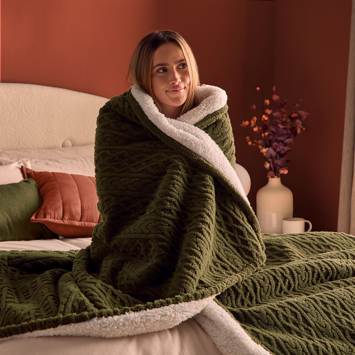 Image of Silentnight Heat Genie Cable Knit Giant Blanket - Olive